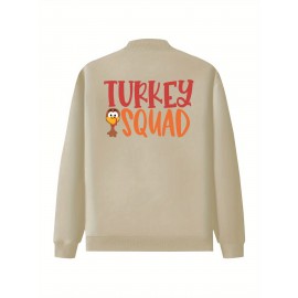 Women's Turkey Squad Graphic Zip-Up Jacket - Black Casual Slim Fit Stand Collar Coat with Pockets, Machine Washable Fall Winter Outerwear