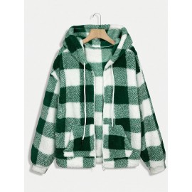 Women'S Plaid Fleece Coat - Mustard-Yellow & Checkered Winter Warmth, Soft Plush Jacket with Full-Zip Front Closure, Cozy Casual Outerwear for Fall & Winter, Winter Clothing, Fall Fashion, Stylish Outerwear, Fashion Lovers