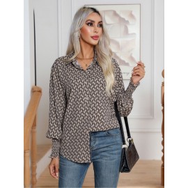 Women'S Elegant Geometric Print Lantern Sleeve Shirt | Long Sleeve, Single Breasted, Lapel Collar, Spring/Fall New Arrival.