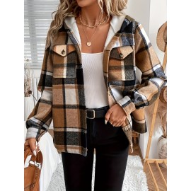 Women's Retro Plaid -Lined Hooded Jacket - Soft Brushed Polyester Button-Front Coat, Cozy Winter Outerwear for Fall & Winter, Casual Elegant Blazer (Single-Breasted Button Closure)