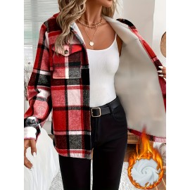 Women's Retro Plaid -Lined Hooded Jacket - Soft Brushed Polyester Button-Front Coat, Cozy Winter Outerwear for Fall & Winter, Casual Elegant Blazer (Single-Breasted Button Closure)