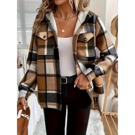 Women's Retro Plaid -Lined Hooded Jacket - Soft Brushed Polyester Button-Front Coat, Cozy Winter Outerwear for Fall & Winter, Casual Elegant Blazer (Single-Breasted Button Closure)