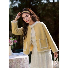 Women's Elegant Solid Color Winter Jacket - Single-Breasted Button Front Coat with Pockets, H-Line Silhouette, Long Sleeve Warm Outerwear for Fall & Winter, Casual or Dressy Occasions