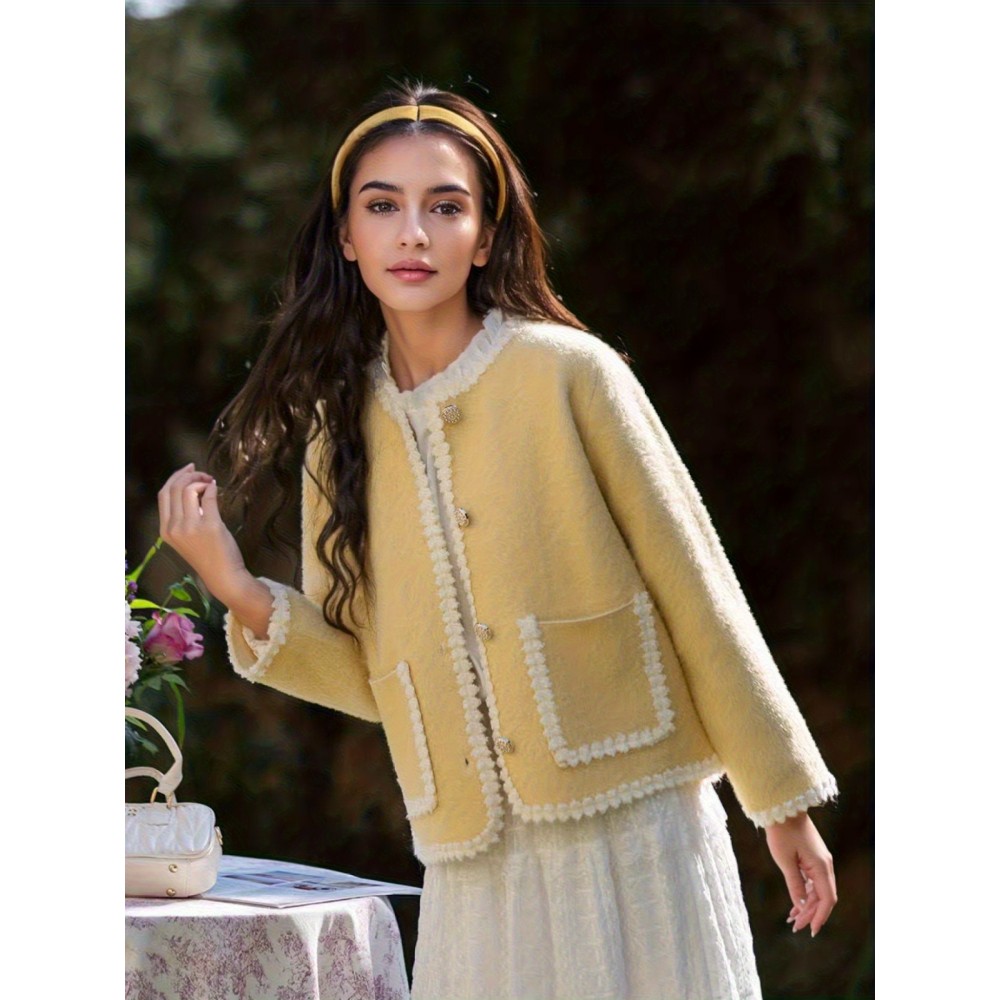 Women's Elegant Solid Color Winter Jacket - Single-Breasted Button Front Coat with Pockets, H-Line Silhouette, Long Sleeve Warm Outerwear for Fall & Winter, Casual or Dressy Occasions