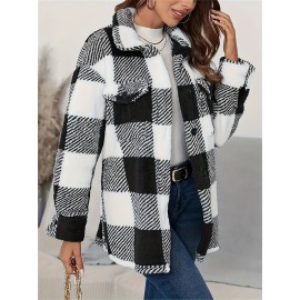Cozy Plaid Fuzzy Jacket - Soft Thermal Insulation, Button Front, Flap Pockets, Long Sleeve, Casual Chic - Perfect for Fall & Winter, Women's Clothing, Thermal Jacket for Cold Weather