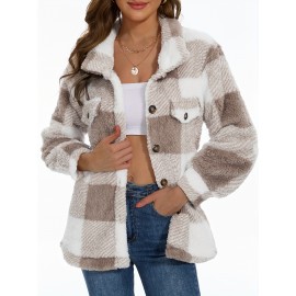 Cozy Plaid Fuzzy Jacket - Soft Thermal Insulation, Button Front, Flap Pockets, Long Sleeve, Casual Chic - Perfect for Fall & Winter, Women's Clothing, Thermal Jacket for Cold Weather