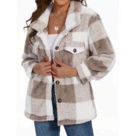 Cozy Plaid Fuzzy Jacket - Soft Thermal Insulation, Button Front, Flap Pockets, Long Sleeve, Casual Chic - Perfect for Fall & Winter, Women's Clothing, Thermal Jacket for Cold Weather