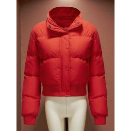 Winter Quilted Puffer Jacket with Turtle Neck (High Collar) - Cropped Coat, Slim Fit Warm Outerwear, Solid Color Casual Style for city to rural cold Weather, Hand Wash/Dry Clean Care - Non-Stretch Puffer Coat