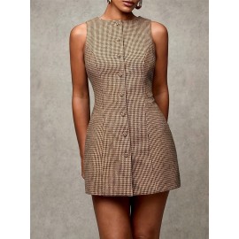 Women'S Elegant Plaid Sleeveless Dress with Front Buttons, Round Neck, Short Casual Style for Office, Formal Events, Daily Wear, Autumn and Winter Wear, Casual Event Dress | Checkered Pattern Dress | Polyester Fabri