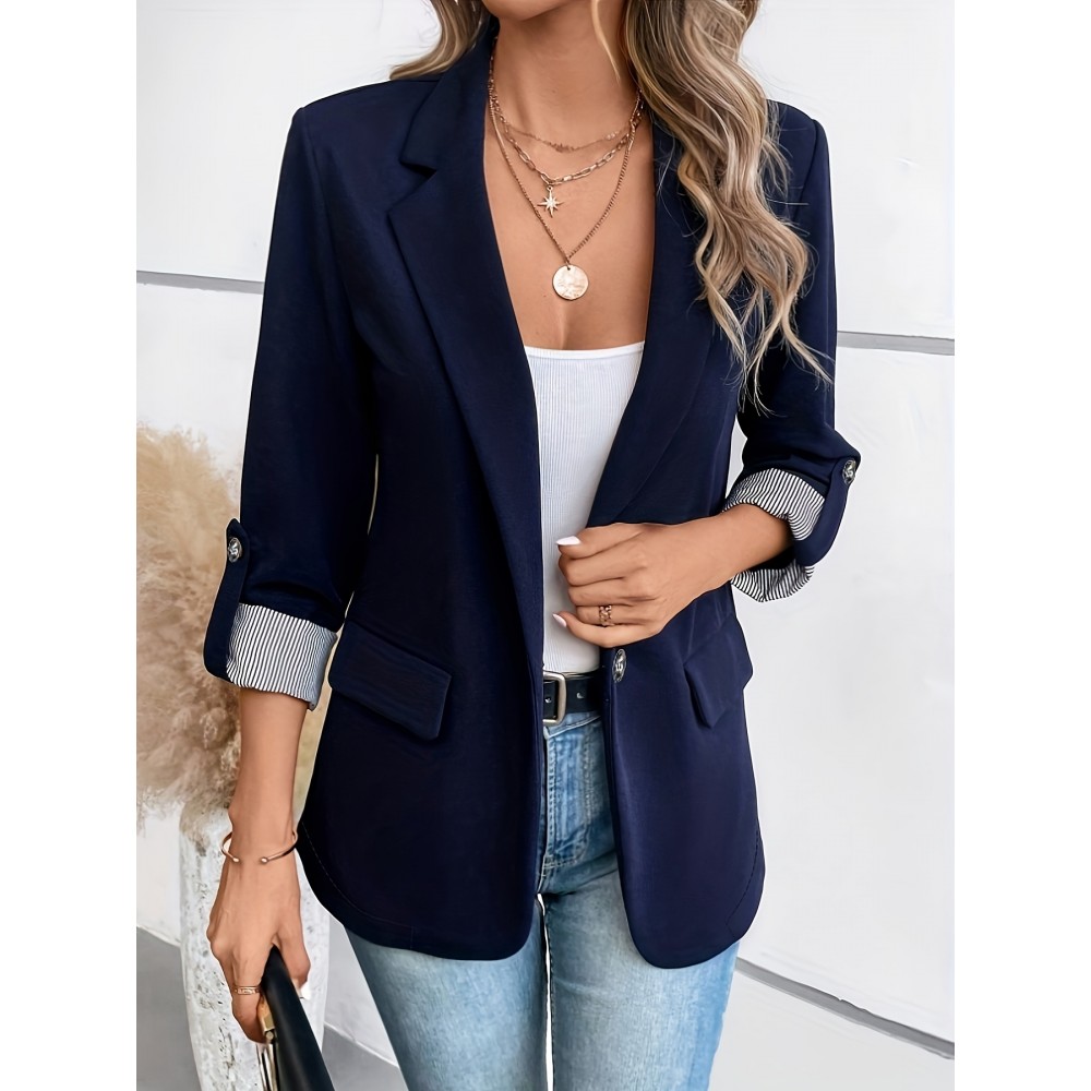 Women's Elegant Solid Black/White Lapel Blazer Jacket - Structured X-Line Single-Button Closure Work Suit Coat with Fake Pockets, Machine Washable Professional Office & Commuter Attire, Year-Round Tailored Outerwear
