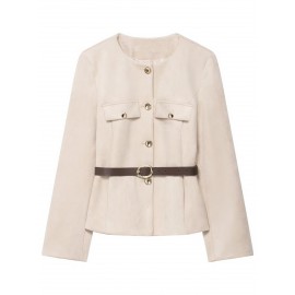 Women'S Belted Blazer | Round Neck Long Sleeve Jacket for Fall Office Wear, Chic, Single Breasted, Regular Fit