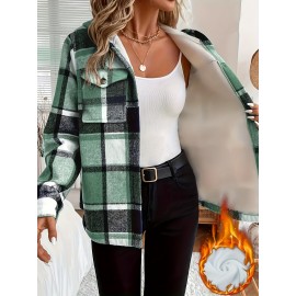 Women's Retro Plaid -Lined Hooded Jacket - Soft Brushed Polyester Button-Front Coat, Cozy Winter Outerwear for Fall & Winter, Casual Elegant Blazer (Single-Breasted Button Closure)